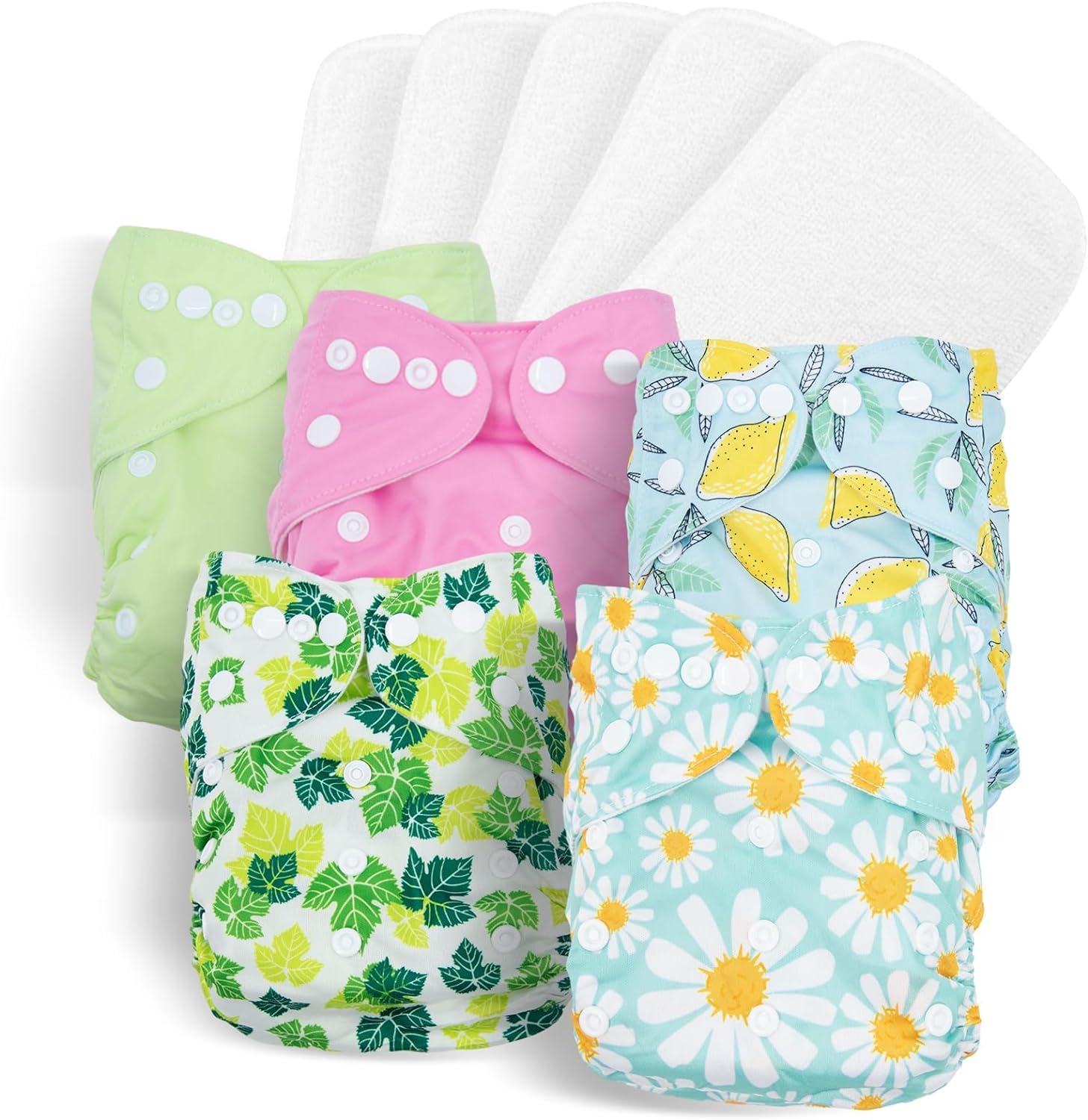 260521040544915_1 Baby Cloth Nappies Babies 10 Pack Washable Nappies Diapers 5 Cloth Diapers & 5 Reusable Nappies Inserts Adjustable Super Absorbent Pocket Nappy Infants (Gray Unicorn Flamingo Rabbit Lemon) - Image 1